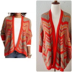 LOFT Alpaca Wool Blend Chevron Patterned Cardigan Sweater - Orange and Tan M
